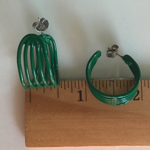 Vintage 1980s Hoop Earrings Pierced Green Retro Disco - Picture 10 of 16